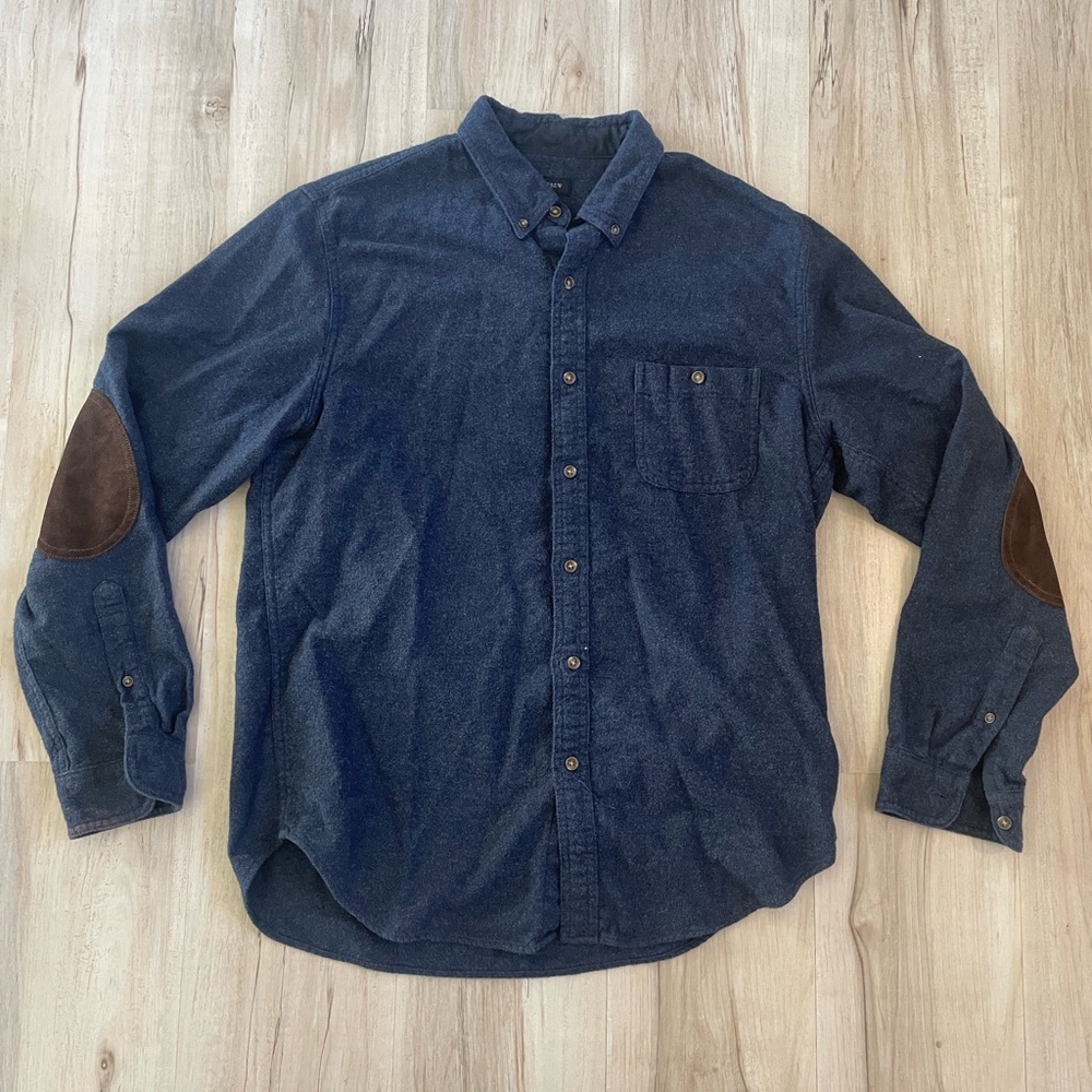 J. Crew L cotton wool blend Navy button down Shirt faux leather Elbow Patches - Picture 1 of 8